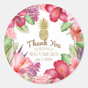 Tropical Exotic Flowers & Gold Pineapple Elegant Classic Round Sticker