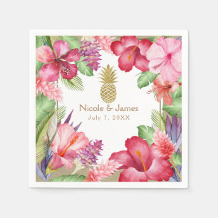Tropical Exotic Flowers & Gold Pineapple Elegant Napkins