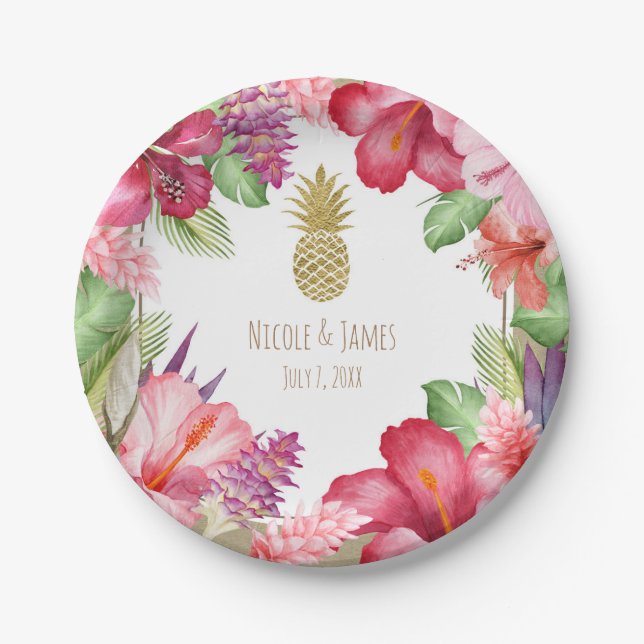 Tropical Exotic Flowers & Gold Pineapple Elegant Paper Plates (Front)