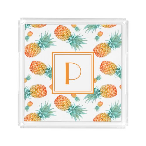 Tropical Exotic Fruit Pineapple Pattern Monogram Acrylic Tray