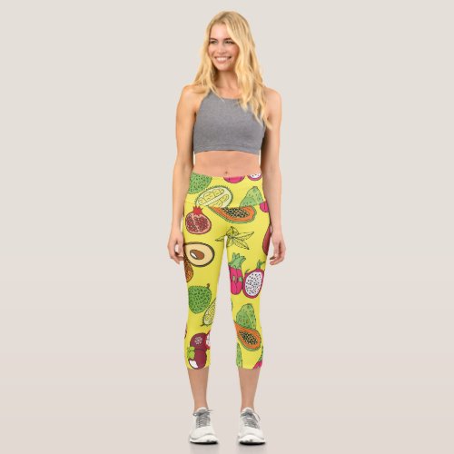 Tropical Exotic Fruits Hand_Drawn Pattern Capri Leggings