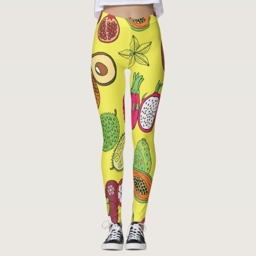 Tropical Exotic Fruits Hand_Drawn Pattern Leggings