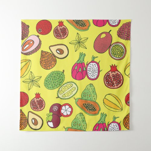 Tropical Exotic Fruits Hand_Drawn Pattern Tapestry