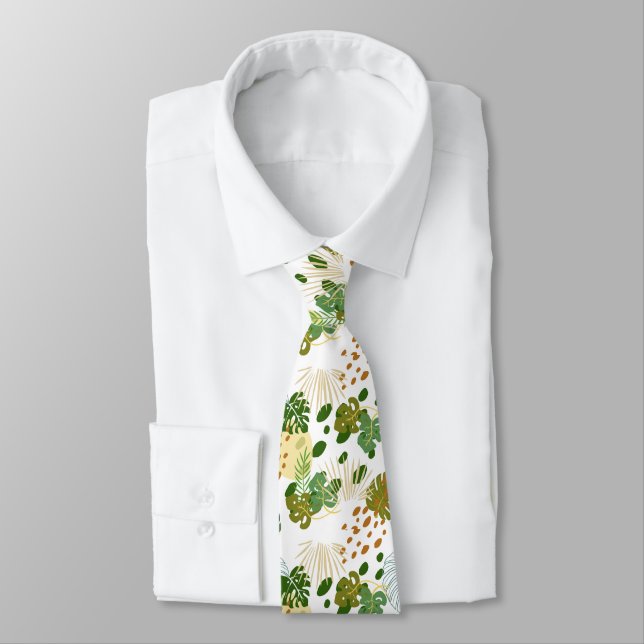 Tropical Exotic Green Leaves Botanical Pattern  Neck Tie (Tied)