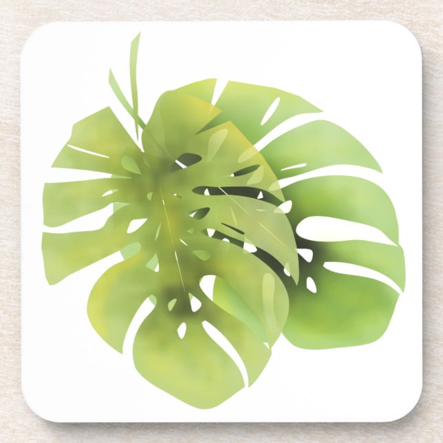 Tropical exotic green monstera leaves watercolor e beverage coaster (Front)
