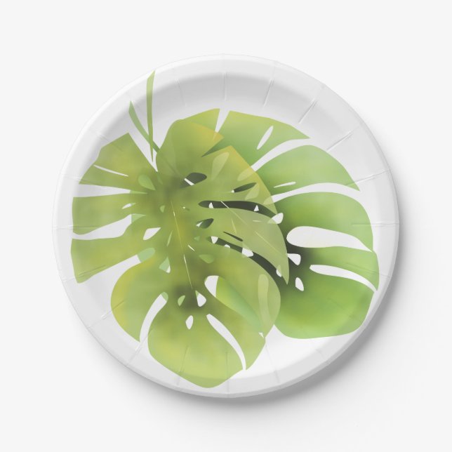 Tropical exotic green monstera leaves watercolor e paper plates (Front)