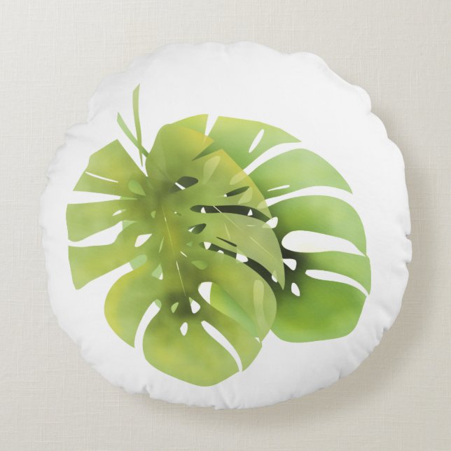 Tropical exotic green monstera leaves watercolor e round pillow (Front)