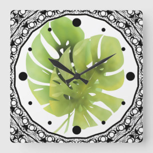 Tropical exotic green monstera leaves watercolor e square wall clock