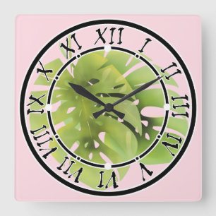 Tropical exotic green monstera leaves watercolor e square wall clock