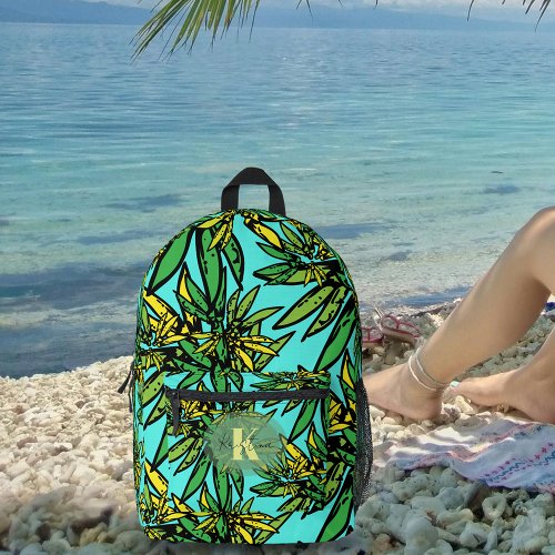 Tropical Exotic Green Yellow Leaves on Turquoise  Printed Backpack