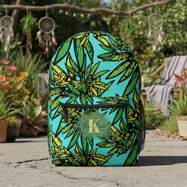 Tropical Exotic Green Yellow Leaves Turquoise Printed Backpack (Creator Uploaded)