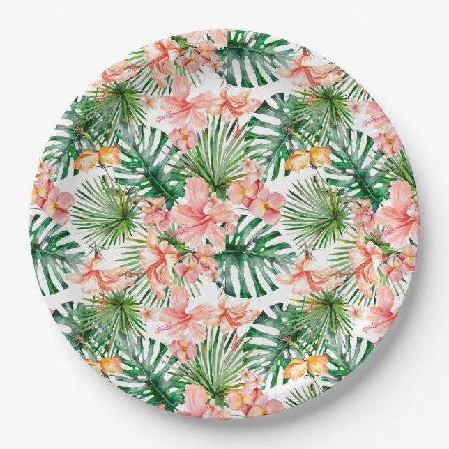 Tropical Exotic Jungle Hibiscus Flowers Paper Plates (Front)