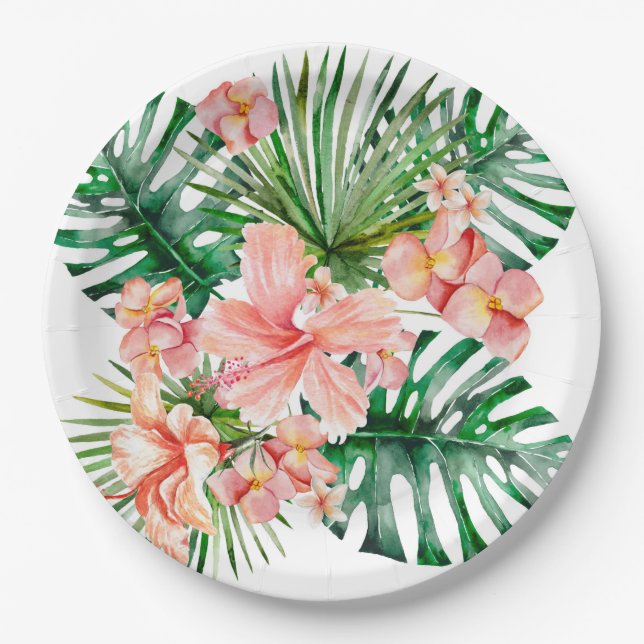 Tropical Exotic Jungle Hibiscus Flowers Paper Plates (Front)