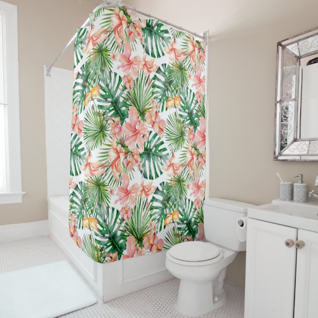 Tropical Exotic Jungle Hibiscus Flowers Shower Curtain (In Situ)