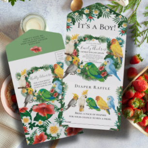 Tropical Exotic lovely Parrots Baby Shower All In One Invitation