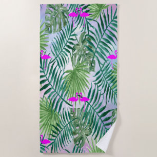 Tropical Exotic ,Palm Leaves,Flamingos In Love Beach Towel