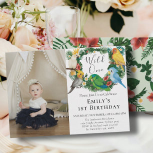 Tropical Exotic Parrots Wild One 1st Birthday Girl Invitation