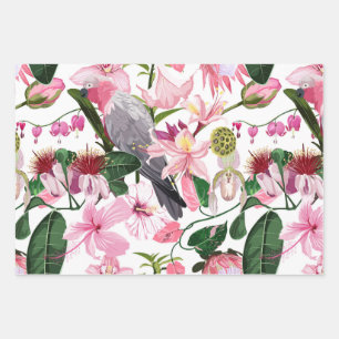 Tropical exotic pattern with parrot and flowers wrapping paper sheets