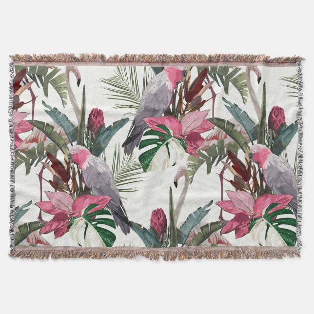 Tropical exotic pattern with parrot, flamingo throw blanket (Front)