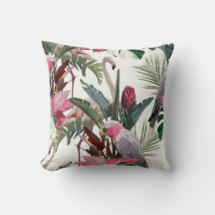 Tropical exotic pattern with parrot, flamingo throw pillow