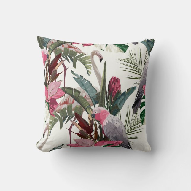 Tropical exotic pattern with parrot, flamingo throw pillow (Front)
