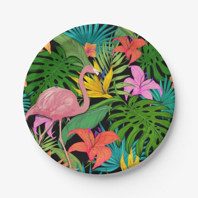 Tropical Exotic Pink Flamingo Foliage Paper Plates (Front)