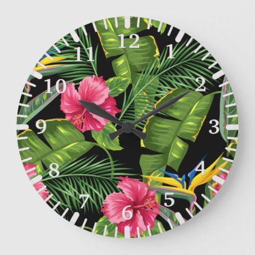 Tropical Exotic Pink Hibiscus Flowers Botanical  Large Clock