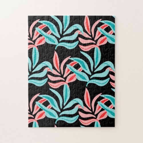 Tropical Exotic Red Blue Palm Tree Leaves Pattern Jigsaw Puzzle