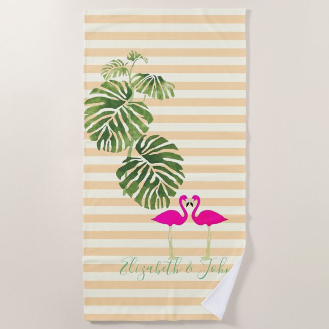 Tropical Exotic ,Striped ,Flamingos-Personalized Beach Towel (Front)