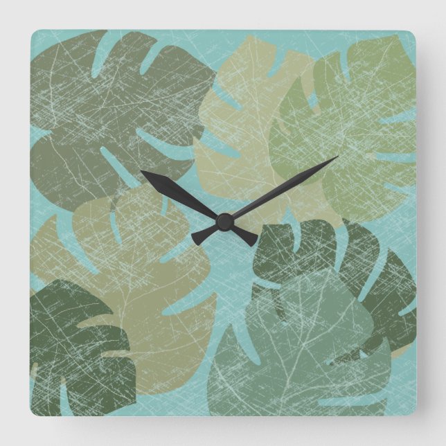Tropical Faded Leaves Square Wall Clock (Front)