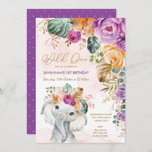 Tropical Fall Floral Elephant 1st Birthday Girl Invitation
