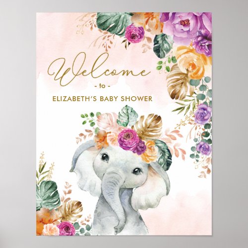 Tropical Fall Floral Elephant Baby Shower Welcome Poster