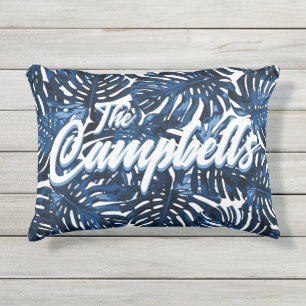 Tropical Family Name Blue White Leaves Pattern Outdoor Pillow