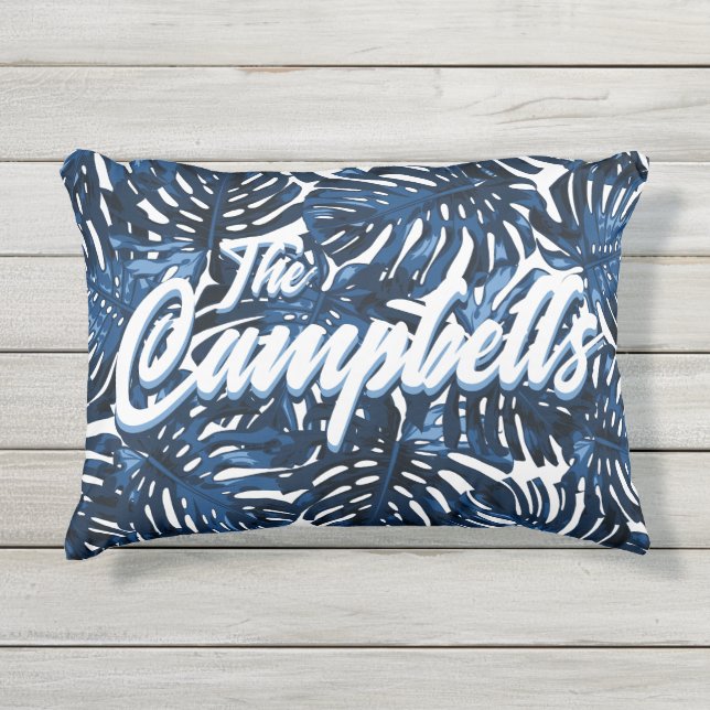 Tropical Family Name Blue White Leaves Pattern Outdoor Pillow (Front)