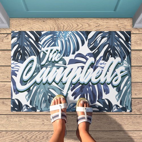 Tropical Family Name Blue White Palm Leaves Doormat