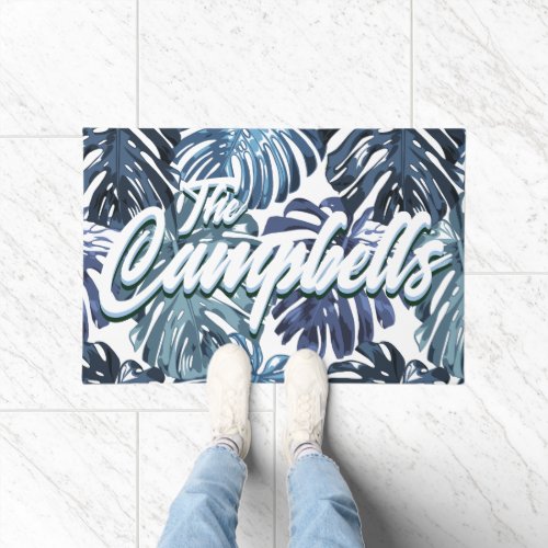 Tropical Family Name Blue White Palm Leaves Doormat
