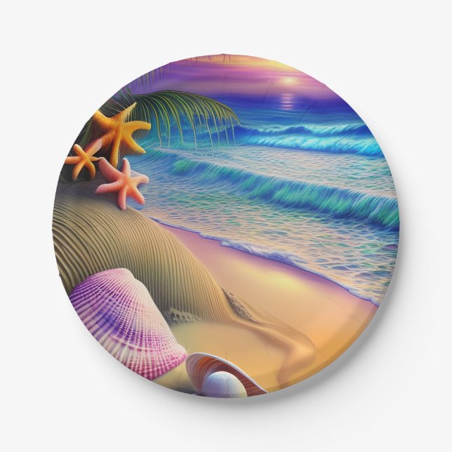 Tropical Fantasy Beach Sunset Paper Plates (Front)