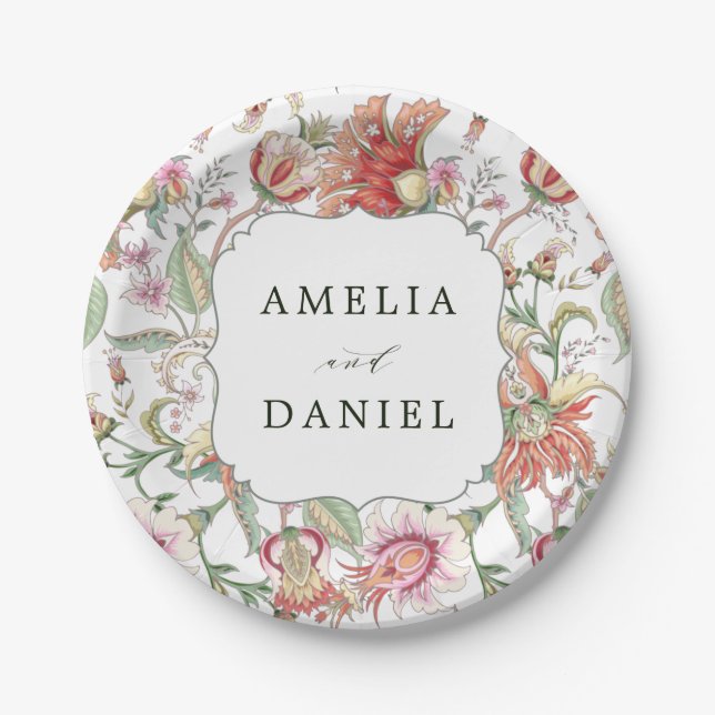Tropical Fantasy Boho Floral Pattern Wedding Paper Plates (Front)