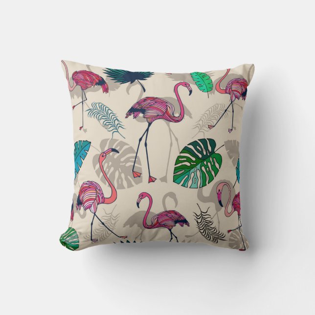 Tropical Fantasy: Flamingo Leaf Pattern Throw Pillow (Front)