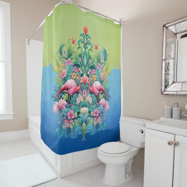 Tropical Fantasy Garden with Flamingos Shower Curtain (In Situ)