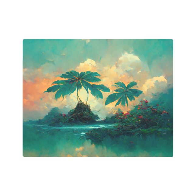 Tropical Fantasy Sea & Palm Trees Metal Print (Front)