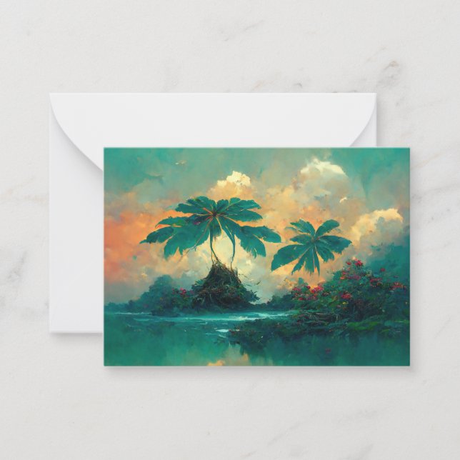 Tropical Fantasy Sea & Palm Trees Note Card (Front)