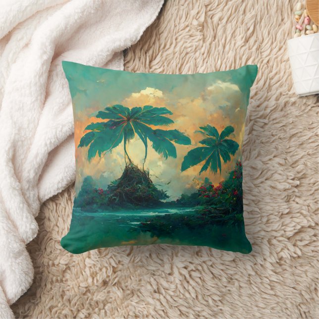 Tropical Fantasy Sea & Palm Trees Throw Pillow (Blanket)
