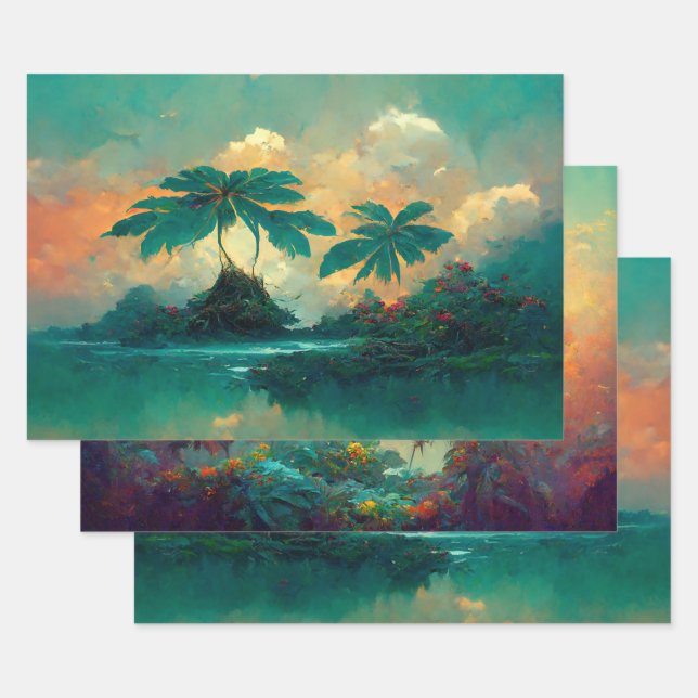 Tropical Fantasy Sea & Palm Trees Wrapping Paper Sheets (Set)