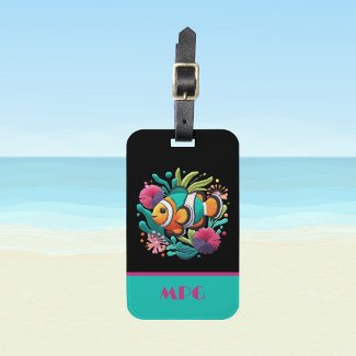 Tropical Faux Embroidery Fish Black Pink Initials