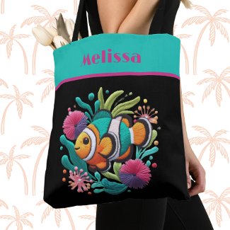Tropical Faux Embroidery Fish Turquoise Pink Name