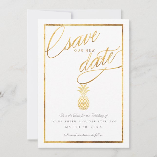 Tropical faux gold pineapple save our new date save the date (Front)