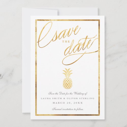 Tropical faux gold pineapple save the date
