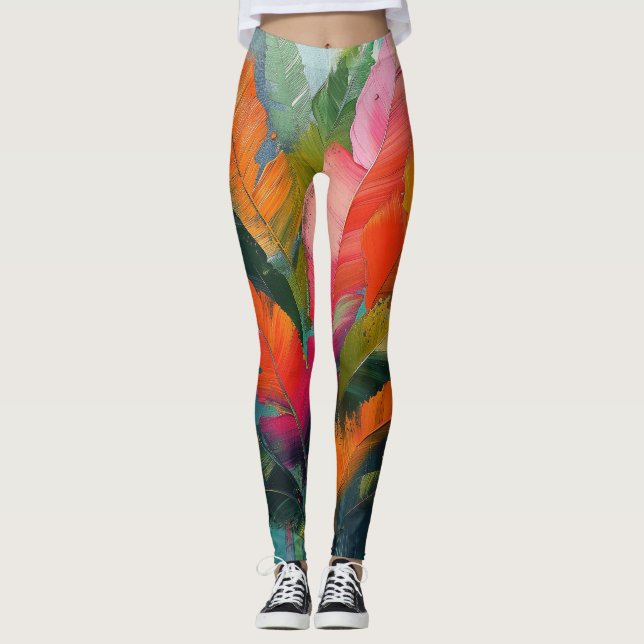 Tropical Feathers – Vibrant Botanical Abstraction Leggings (Front)