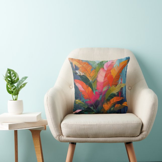 Tropical Feathers – Vibrant Botanical Abstraction Throw Pillow (Chair)